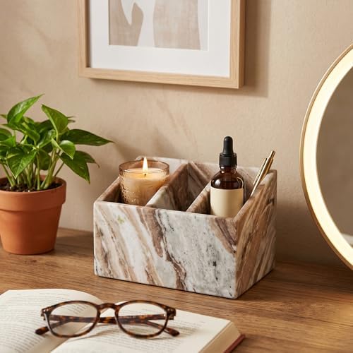 Luxury Natural Marble Pen and Makeup Holder, 3 Compartment Desk Organizer by Unknown