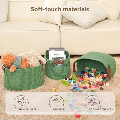 ECDYQXVU 15x10x9 Woven Cotton Rope Storage Basket, Leather Handles 3 Pack - Image 7