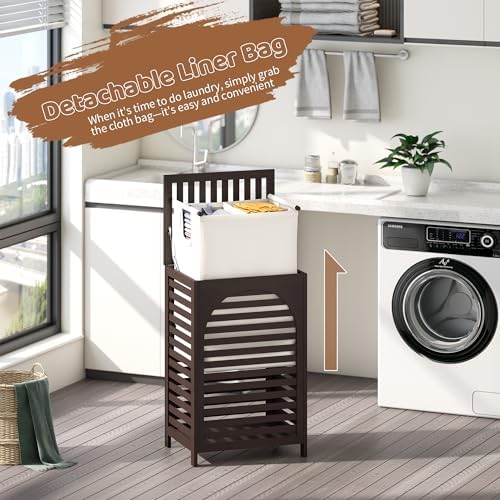 Laundry Hamper with Lid (16.9 * 13 * 26.5inches) Large Bamboo Laundry Bin Basket 85L Clothes Hamper with 1 Removable Bag Storage baskets for Bathroom(Brown) - Image 7