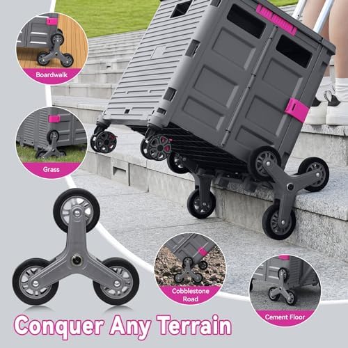 Foldable Utility Cart Portable Crate Rolling Dolly with Telescopic Handle,Can be Pulled diagonally, Magnetic Retractable Lid, 360°Swivel Climbing Wheels for Shopping Carrying Groceries Move Grey - Image 2