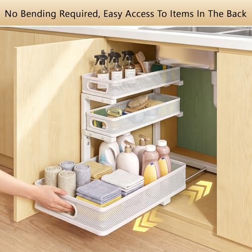 Under Sink Organizer, 2-Pack 3-tier Under Sink Storage Organizer Adjustable Height Easy Assembly Pull Out Cabinet Organizers Basket for Bathroom Kitchen Pantry Home Organization - Image 3