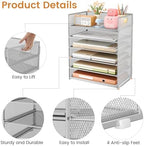 Subekyu 6 Tier Paper Organizer for Desk with Handle, Metal Mesh Desk Office File Folder Paper Letter Tray Accessories Organizer Sorter for Home, School, Office Desktop Document Organization - Silver - Image 5