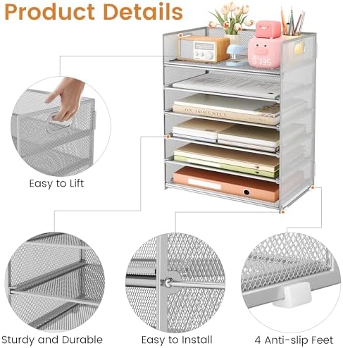 Subekyu 6-Tier Desk Paper Organizer, Desktop File Letter Tray with Handle, Document Sorter and Accessories Holder for Office, Home and School Workspace Organizers, Silver - 2 Pack - Image 5