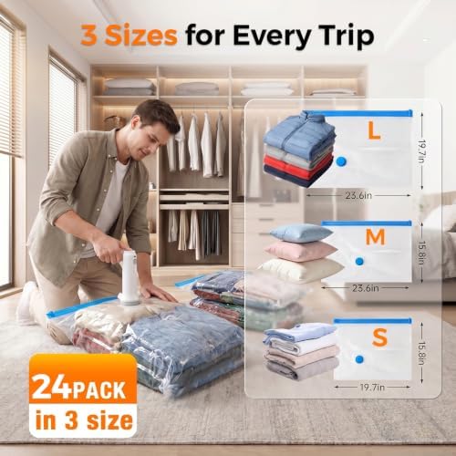 24 Pack Travel Vacuum Storage Bags with Rechargeable Cordless Pump, 3 Sizes - Image 4