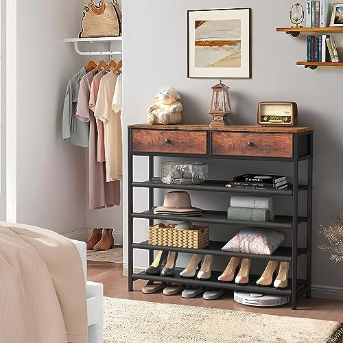 usikey Shoe Rack, 5 Tier Shoe Storage Organizer with 2 Drawers, Metal Shoe Shelf for 16-20 Pairs of Shoes, with 4 Oxford Fabric Shelves and Wooden Top, Shoe Stand for Closet, Entryway, Rustic Brown - Image 4