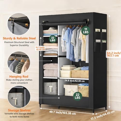 Simple Deluxe Wardrobe with lid, Clothes Rack for Hanging Clothes, 40.7" W x 17.5" D x 64.2" H Garment Rack，Max Load 143LBS，Black Rack with Black Cover - Image 3