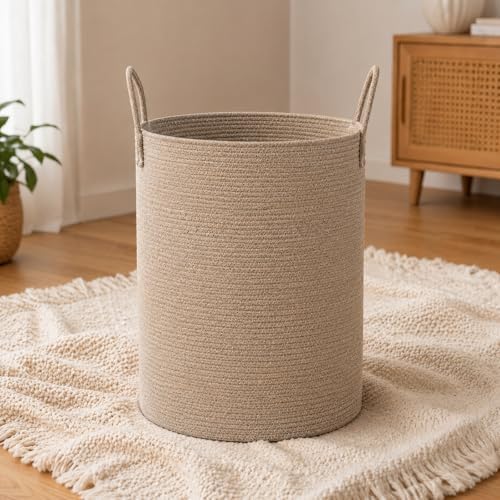 Large Woven Laundry Basket Hamper 80L Cotton Rope Storage Bin Tall Laundry Hamper for Blanket Toy and Clothes Living Room,Baby Nursery,Bathroom, Brown by MANYOND