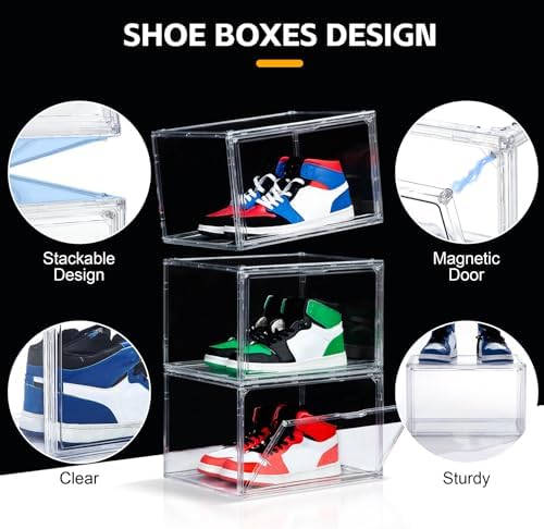 NYZE 12 Pack Acrylic Shoe Boxes Side Open, Clear Shoe Box Plastic Stackable, Shoe Storage Organizer with Magnetic Door, Shoe Display Shoe Containers with Lids Fits Up to Size 15 - Image 4