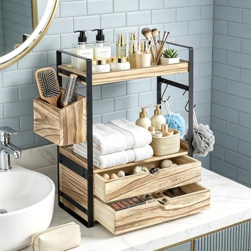 2-Tier Bathroom Counter Organizer with 2 Drawers, Basket and Hooks, Wood Bathroom Organizers and Storage for Countertop, Farmhouse Bathroom Countertop Organizer for Vanity, Kitchen, Coffee Bar, Office - Image 3