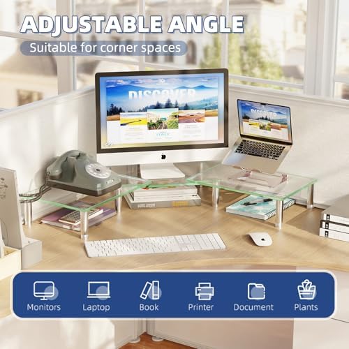 Simple Trending Glass Dual Monitor Stand, Adjustable Length/Height, Clear - Image 3