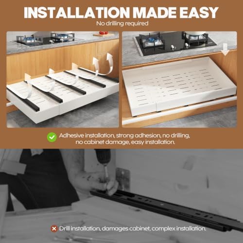 Seinloes 4 Pack Pull Out Cabinet Organizer for Wide Cabinets,Expandable 20.4"-30.4" Width,5 Slide Rails Slide Out Drawers With Raising Pad for Framed Cabinets,No Drill Roll Out Shelves 21" Deep,White - Image 5
