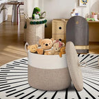 18" X18“ X 14" Large Storage Basket with Lid, Blanket Basket Living Room, Woven Cotton Rope Storage Box, Lidded Kids Dog Toy Bin, Wicker Laundry Basket, Blankets Pillows Organizer Holder - Image 3