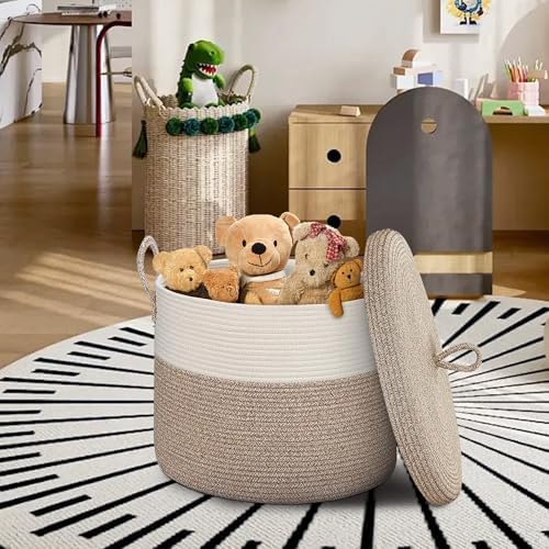 18" X18“ X 14" Large Storage Basket with Lid, Blanket Basket Living Room, Woven Cotton Rope Storage Box, Lidded Kids Dog Toy Bin, Wicker Laundry Basket, Blankets Pillows Organizer Holder - Image 3