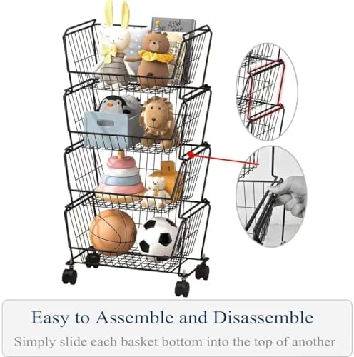 PUSDON 4-Tier Spacious Stackable Wire Storage Baskets with Wheels, Metal Rolling Utility Cart, Produce Basket for Pantry, Bathroom Organizer Shelf, Matte Black - Image 4