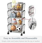 PUSDON 4-Tier Spacious Stackable Wire Storage Baskets with Wheels, Metal Rolling Utility Cart, Produce Basket for Pantry, Bathroom Organizer Shelf, Matte Black - Image 4