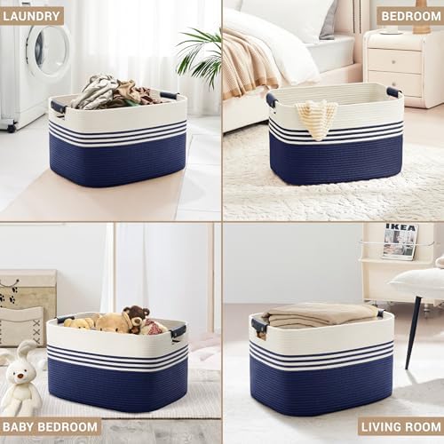 86L Large Woven Laundry Basket Hamper with Leather Handles,Navy - Image 4
