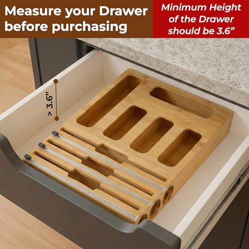 9-in-1 Bamboo Kitchen Drawer Organizer - Storage Bag Holder with Built-In Foil & Wrap Cutter Dispenser - Wooden Food Storage Bag Organizer for Gallon, Quart, Sandwich and Snack Sizes - Image 3