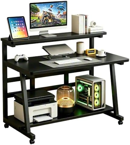 Rolling Computer Desk, 47.2 Inch Small Desks For Small Space, Portable Small Computer Desk with Monitor Stand & 3-Tier Storage, Portable Desk on Wheels for Writing, Home Office, Small Desk for Bedroom by Unknown