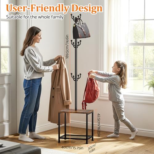 Coat Rack Freestanding, Hat Rack Hall Tree with Bench and Shoe Storage, 3-in-1 Coat Hanger Purse Rack Bag Rack Coat Tree Clothes Tree, Vintage Entryway Corner Coat Rack with Shoe Storage - Image 2