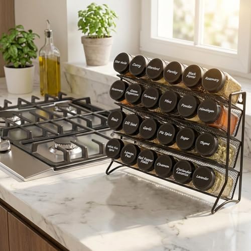 DIDITIME Spice Rack Organizer with 24 Glass Jars and 60 Labels, 4-Tier Seasoning Organizer for Cabinet, Countertop, Pantry or Wall Mount, Rust-Resistant Carbon Steel Spice Jar Set with Marker - Image 5