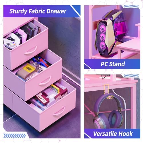 SUPERLELE Gaming Desk with Power Outlet, LED Lights, Storage Shelf & Drawer - Image 7