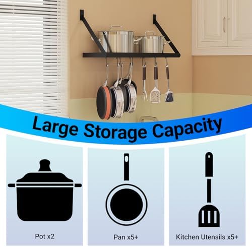 Miyili Pot Rack Square Grid Wall Mounted Kitchen Pot And Pan Organizer Shelf With 10 Hooks, 24 by 10-inch (Black), KR301B1 - Image 3