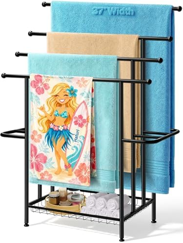 Haturi 4-Tier Free Standing Towel Rack for Bathroom, 45.3" H Black Metal Towel Drying Rack, 18.1" W with Storage Basket, Outdoor Pool Towel Holder for Oversized Towels & Blankets by Haturi