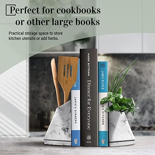 Marble Style Bookends - Decorative, Heavy Duty Book Holder for Shelves, Non Skid, Unique Design (White) - Image 3