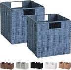 Vagusicc Wicker Storage Basket, Set of 2 Hand-Woven Storage Baskets for Shelves with Handles, Foldable Cube Storage Bins Organizer, Blue 13x13 Inch Large Wicker Baskets for Pantry Bedroom Decor, Blue by Vagusicc