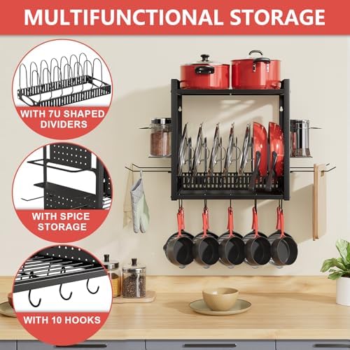 Wall Mounted 16" Pot Rack，2 Tier Kitchen Pots & Pan Organizer with 10 Hooks - Image 4