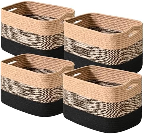 ICERZCZ Storage Baskets for Shelves Organizing, Woven Cotton Rope Baskets for Storage, Book Basket, Towel Basket, 12.5"Lx9.1''Wx7.9''H (4 Packs) Gradient Black & Jute by ICERZCZ