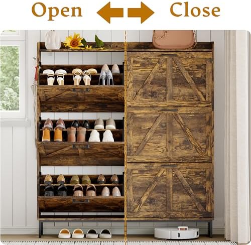 Wodeer Shoe Cabinet Storage for Entryway, Shoe Storage Cabinet with 6 Flip Drawers, Freestanding Narrow Shoe Rack Organizer with Metal Legs, Adjustable Shelves & Open Storage for Foyer, Hallway, Brown - Image 5