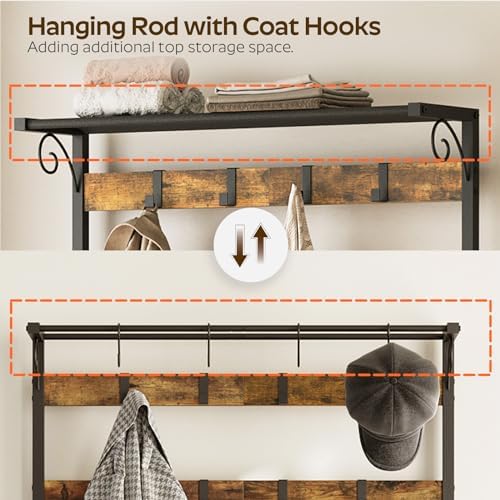 YATINEY Coat Rack Shoe Bench, 4-in-1 Hall Tree with Storage Shelves and Hanging Rod, Entryway Storage Organizer with 8 Movable Hooks, for Entryway, Hallway, Corridor, Rustic Brown and Black MT12BR - Image 4