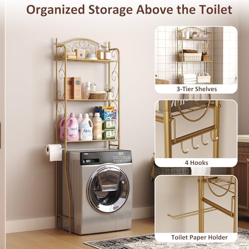 HOME BI Over The Toilet Storage Shelf, 3-Tier Over Toilet Bathroom Organizer Rack, Freestanding Space Saver Toilet Stands with Hooks (Gold) - Image 4