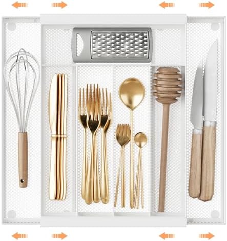 Sedegn Expandable Kitchen Utensil Organizer - 9.6" to 16.1" Adjustable Cutlery Tray with 5-7 Compartments - Fits Various Drawer Sizes & Holds Large Ladles Spatulas Forks Spoons & Knives White by sedegnhome
