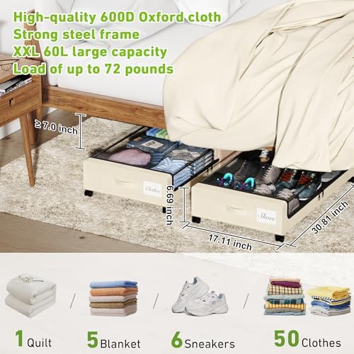 Tututry Under Bed Storage with Wheels, XXL 60L Under the Bed Storage Bins, Underbed Storage Containers with Lids & Label, Rolling Metal Drawer for Shoes, Clothes, Books, Toys (4-Pack Beige) - Image 2
