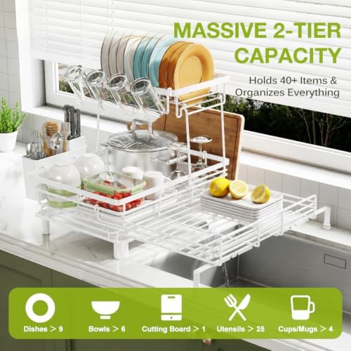 2-Tier Expandable Dish Drying Rack for Kitchen Counter, White - Image 6