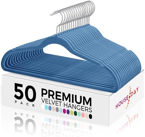 HOUSE DAY Premium Velvet Hangers 50 Pack Blue, Non-Slip Flocked Felt Hangers, Sturdy Clothes Hanger with 360° Rotatable Hook, Heavy Duty Durable Slim Coat Hanger for Closet Space Saving by HOUSEDAY
