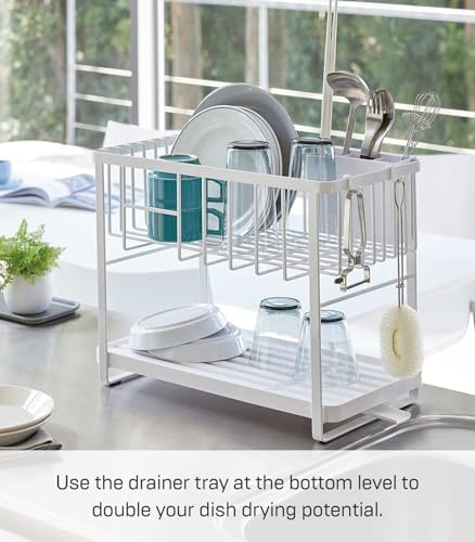 YAMAZAKI Home Two-Tier Adjustable Dish Drainer Rack, Compact Drying Rack with Hooks, Utensils Holder, Steel, Draining Spout, Water Resistant, No Assembly Req. - Image 4