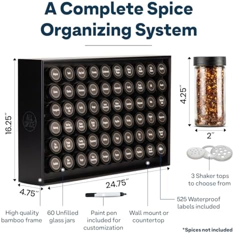 AllSpice Spice Rack Organizer, Wood, 525 Unique Labels, Countertop or Wall Mount, Includes 60 4oz Jars- Matte Black - Image 3