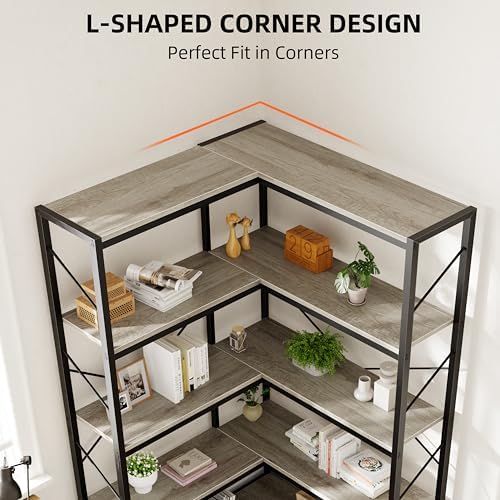 Shintenchi 5 Tier Corner Bookshelf, L Shaped Large Bookcase, Grey - Image 5