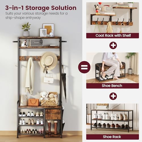 Homeiju Hall Tree with Bench and Shoe Storage, 3-in-1 Entryway Organizer with 6+2 Hooks, Coat Rack with Adjustable Feet for Stability, Mudroom Furniture with Storage Shelf - Image 7