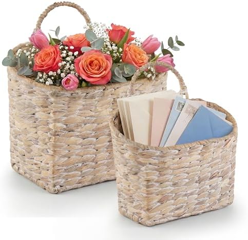 Set of 2 White Wicker Hanging Baskets for Front Door, Mail, Flowers & Organizing by 84ECO