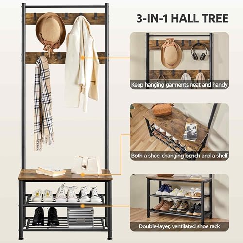 Yaheetech 3-in-1 Hall Tree with Bench, Shoe Rack for Mudroom, Rustic Brown - Image 5
