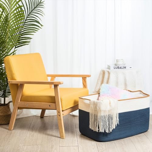 MINTWOOD Design 22in Extra Large Blanket Basket Holder Living Room, Rectangle Rope Woven Storage Basket with Handles for Laundry, Pool Towels, and Shoes, Dog Toy Organizer Bin Box, Prussian Blue - Image 4