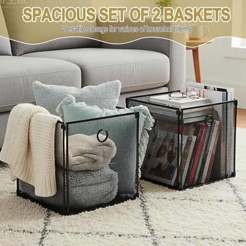 2 Pcs Foldable Metal Cube Storage Baskets, 13x13in, Black - Image 5