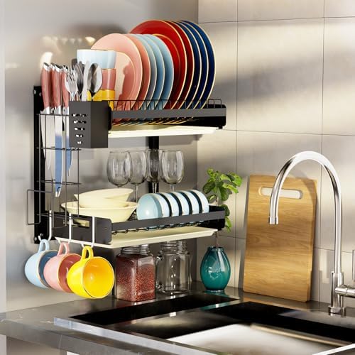 Hanging Wall Mounted Dish Drying Rack, Cutting Board Rack*1, Hook*4, Drain Tray*2, Apartment & RV Wall Mounted Dish Rack, Small Kitchen & Clean Countertop Solution, 2 Layers & 16“ long, Black by Besamery