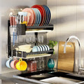 Hanging Wall Mounted Dish Drying Rack, Cutting Board Rack*1, Hook*4, Drain Tray*2, Apartment & RV Wall Mounted Dish Rack, Small Kitchen & Clean Countertop Solution, 2 Layers & 16“ long, Black by Besamery