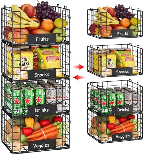 JKsmart 4 Pack XL Stackable Wire Baskets, Pantry Organizers and Storage by JKsmart
