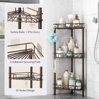 SWTYMIKI Standing Shower Caddy Corner - 3‑Tier Stainless Steel Shower Organizer Shelf with 12 Hooks and Adhesive Pads, Rustproof Corner Shelves Stand Rack for Bathroom Shower Room, Bronze - Image 4
